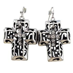 Silver Rhinestone Cross Dangle Earrings Women Fashion Jewelry
